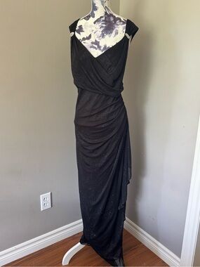R & M Richards Black Sparkle Draped Maxi Gown